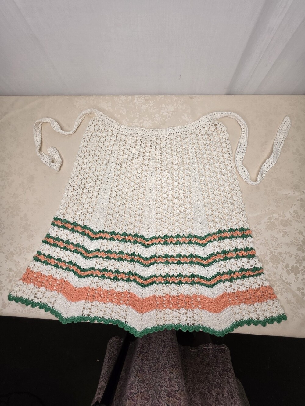 VTG Handmade Crochet Half Apron Cottagecore Whimsigoth Chevron Green Orange
